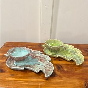 Vtg MCM 1950's Cal-Ramics by Cisse Blue & Green Leaf Snack Plate Sets